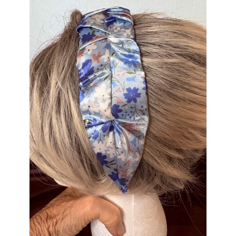 Light Blue Floral Satin Ruched Twisted Headband Hair Accessory